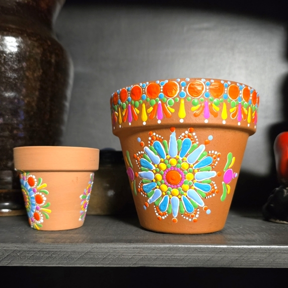 2 PC Handpainted Colorful Terracotta Pots Mandala Boho Hippie DotArt FolkArt - Picture 2 of 3